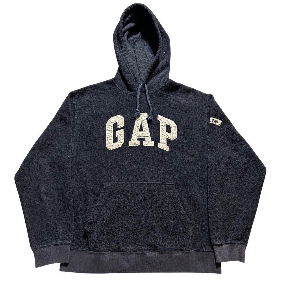 VTG Gap Fleece Hoodie Mens S Navy Blue Quilted Logo Est 1969 Pullover
